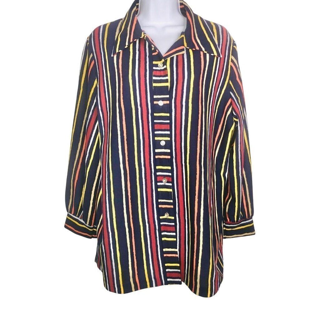 Vintage 70s Womens Shirt 2XL Blue Yellow Striped Long Sleeve Button Up Disco